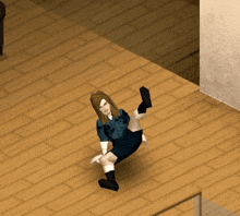 a computer generated image of a woman dancing on a wood floor