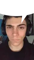 a young man wearing headphones with a speech bubble above his head