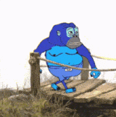 a cartoon of a blue gorilla walking across a bridge