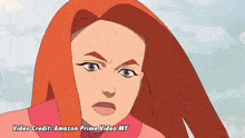 a cartoon of a woman with red hair and the words video credit : amazon prime video my on the bottom
