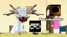 rick and morty are sitting at a table with a clock in the background and talking about their purpose .