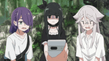 three anime girls are looking at a cell phone with a person holding it