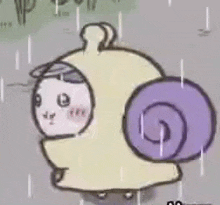 a cartoon drawing of a snail wearing a raincoat in the rain .