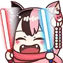 a cartoon cat is holding two lightsabers in front of its face .
