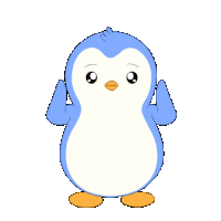 a blue and white penguin with orange feet is waving