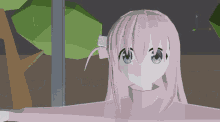 a 3d model of a girl with pink hair and blue eyes is standing next to a tree .