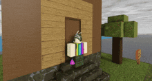 a cartoon character is standing in front of a wooden building