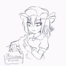 a black and white drawing of a girl holding a box that says sicotthi