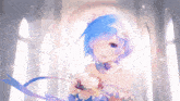 a girl with blue hair and flowers on her head
