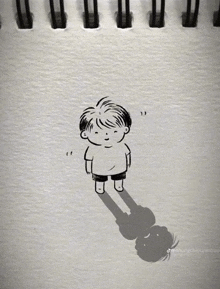 a black and white drawing of a boy standing next to his shadow with the hashtag chungchicchanhbuoi at the bottom