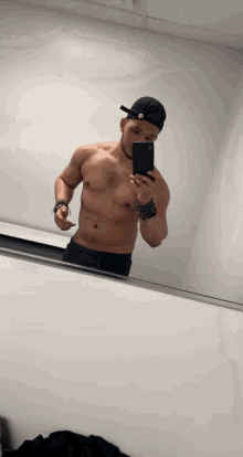a shirtless man is taking a selfie in a mirror