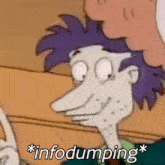 a cartoon character with purple hair and the words `` infodumping '' on the bottom .