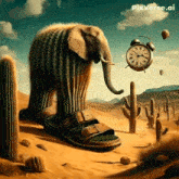 a painting of an elephant made out of a cactus and a clock with roman numerals