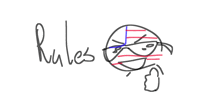 a drawing of an angry face with the word rules written below it