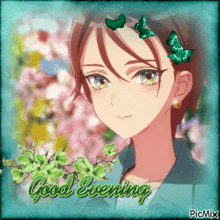 a picture of a girl with butterflies in her hair and the words " good evening "