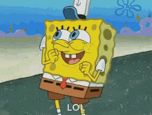 spongebob squarepants is wearing a hat and tie and is smiling .