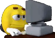 a yellow smiley face is looking at a computer monitor