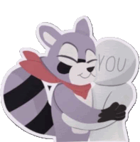 a sticker of a raccoon hugging a person with the word you written on their face .