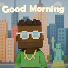 a cartoon character wearing sunglasses and a green hoodie says good morning