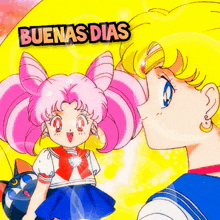 a picture of a girl with pink hair and the words buenas dias