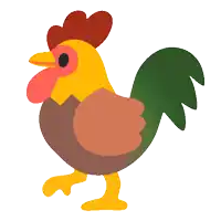 a cartoon rooster with a red comb and a green tail