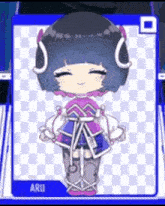 a cartoon of a girl with headphones on her head is standing on a checkered background .