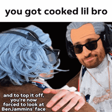 a man in a wig and sunglasses looks at another man in a wig and sunglasses