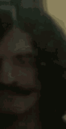 a close up of a person 's face with long curly hair and a mustache .