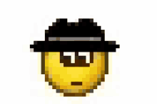 a pixel art of a smiley face wearing a black hat with a euro sign on it .