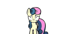 a cartoon pony with a pink and blue swirl on its head is crying