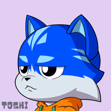 a drawing of a blue cat with the name toshi on the bottom right