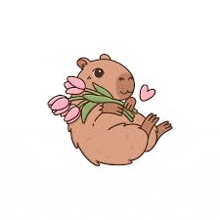 a capybara is holding a bouquet of pink tulips .