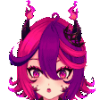 a pixel art of a girl with purple and pink hair and horns .