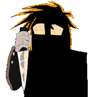 a cartoon drawing of a person holding a knife in front of their face