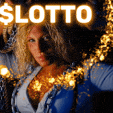 a woman in a blue shirt is surrounded by a glowing sign that says lotto
