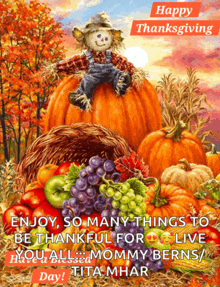 a scarecrow is sitting on top of a pumpkin surrounded by pumpkins and fruit
