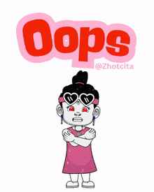 a cartoon of a girl wearing heart shaped sunglasses with the word oops behind her