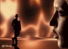 a silhouette of a man in a hat standing next to a woman 's face ..
