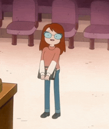 a cartoon girl wearing glasses is standing in front of a row of purple seats