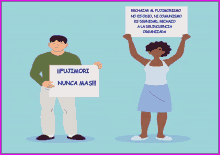 a man and a woman are holding up signs against fujimori