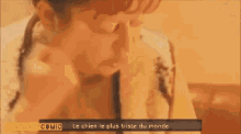 a cartoon of a man holding a dog with the words le chien le plus triste du monde on the bottom