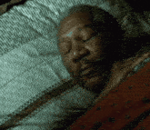 a man with a beard is sleeping in a bed