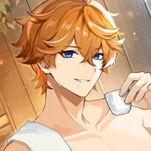 a boy with orange hair and blue eyes is holding an ice cube on his shoulder