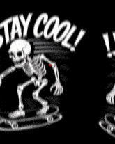 a skeleton riding a skateboard with flames coming out of it