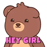 a brown teddy bear says " hey girl " in pink