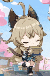 a cartoon girl with a cat ear is holding a box
