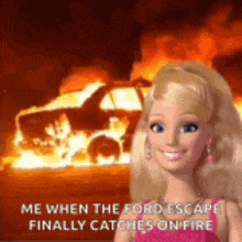 a barbie doll is smiling in front of a burning car