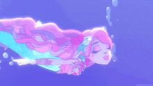 a cartoon of a mermaid with pink hair is swimming in the ocean