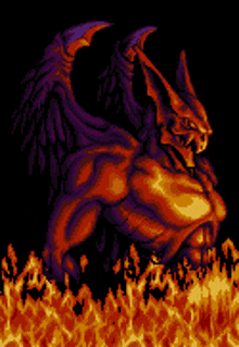 a pixel art of a demon with flames behind it