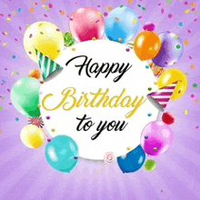a happy birthday card with balloons and confetti on a purple background .